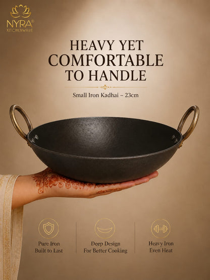 Black Iron Wok with Golden Handles | Heavy Duty Iron Kadhai for Frying, Sautéing & Traditional Cooking | Deep Round Bottom Matte Black Finish | Premium Iron Cookware