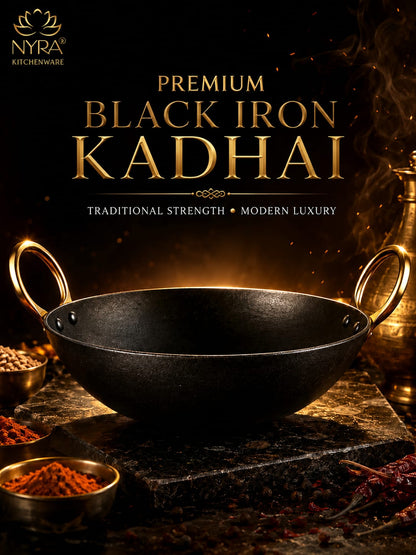 Black Iron Wok with Golden Handles | Heavy Duty Iron Kadhai for Frying, Sautéing & Traditional Cooking | Deep Round Bottom Matte Black Finish | Premium Iron Cookware