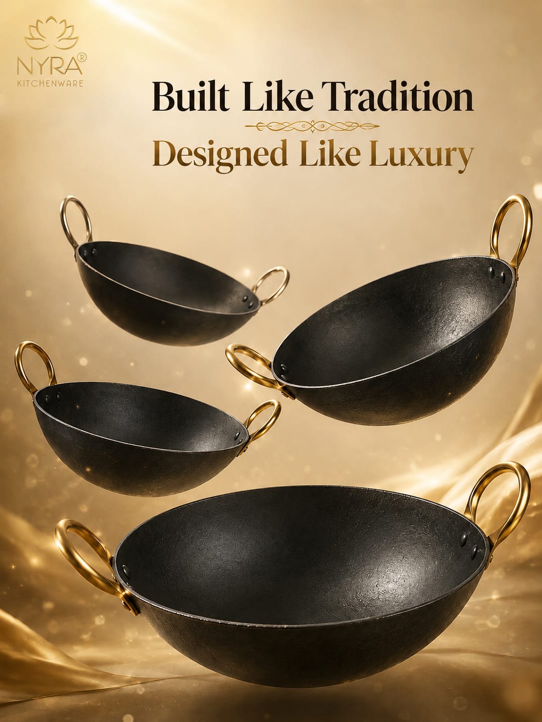 Black Iron Wok with Golden Handles | Heavy Duty Iron Kadhai for Frying, Sautéing & Traditional Cooking | Deep Round Bottom Matte Black Finish | Premium Iron Cookware