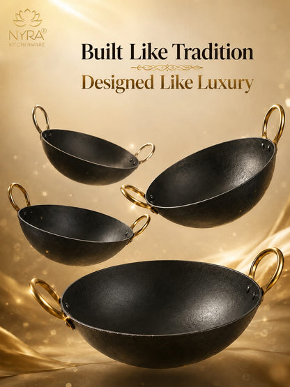 Black Iron Wok with Golden Handles | Heavy Duty Iron Kadhai for Frying, Sautéing & Traditional Cooking | Deep Round Bottom Matte Black Finish | Premium Iron Cookware