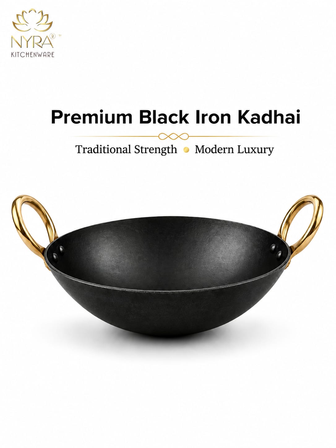 Black Iron Wok with Golden Handles | Heavy Duty Iron Kadhai for Frying, Sautéing & Traditional Cooking | Deep Round Bottom Matte Black Finish | Premium Iron Cookware