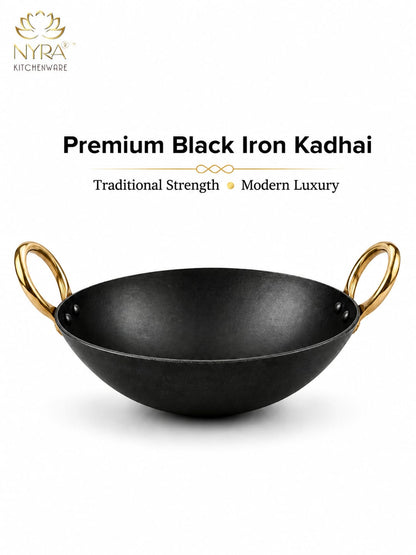 Black Iron Wok with Golden Handles | Heavy Duty Iron Kadhai for Frying, Sautéing & Traditional Cooking | Deep Round Bottom Matte Black Finish | Premium Iron Cookware