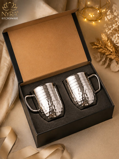 Stainless-Steel Cups with Glossy Finish/Hammered and Ringer Design Mugs Set of 2pcs.