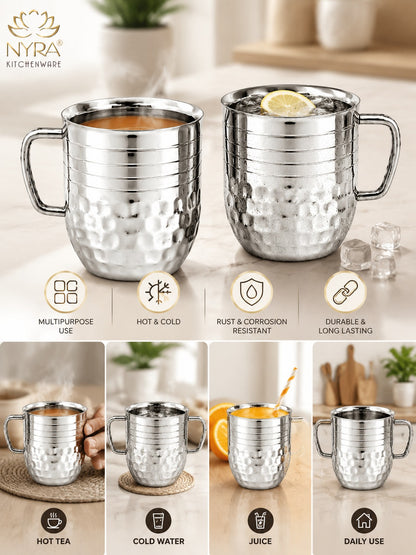 Stainless-Steel Cups with Glossy Finish/Hammered and Ringer Design Mugs Set of 2pcs.