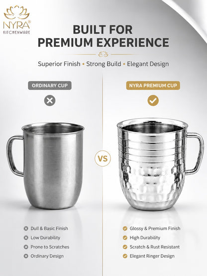 Stainless-Steel Cups with Glossy Finish/Hammered and Ringer Design Mugs Set of 2pcs.