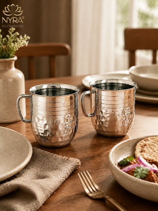 Stainless-Steel Cups with Glossy Finish/Hammered and Ringer Design Mugs Set of 2pcs.