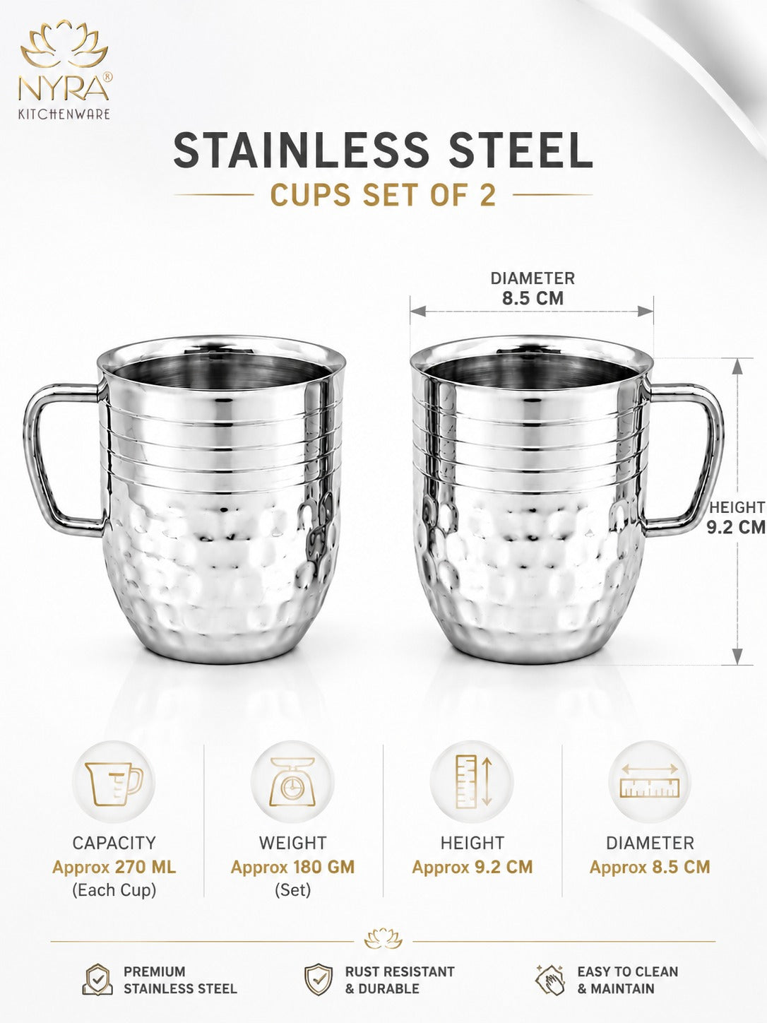 Stainless-Steel Cups with Glossy Finish/Hammered and Ringer Design Mugs Set of 2pcs.