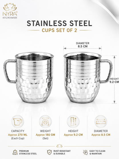 Stainless-Steel Cups with Glossy Finish/Hammered and Ringer Design Mugs Set of 2pcs.