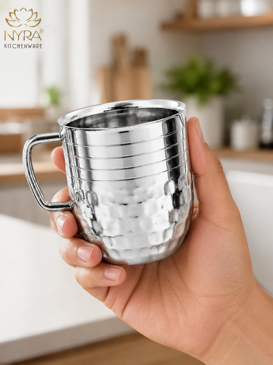 Stainless-Steel Cups with Glossy Finish/Hammered and Ringer Design Mugs Set of 2pcs.