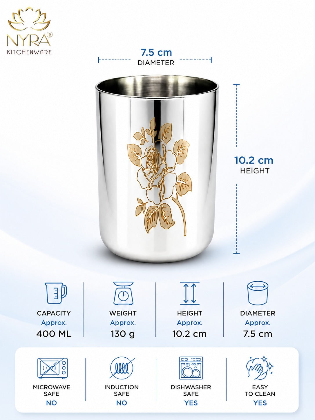 Stainless Steel Tumbler/Glass Set – with Floral Laser Design - 400ML