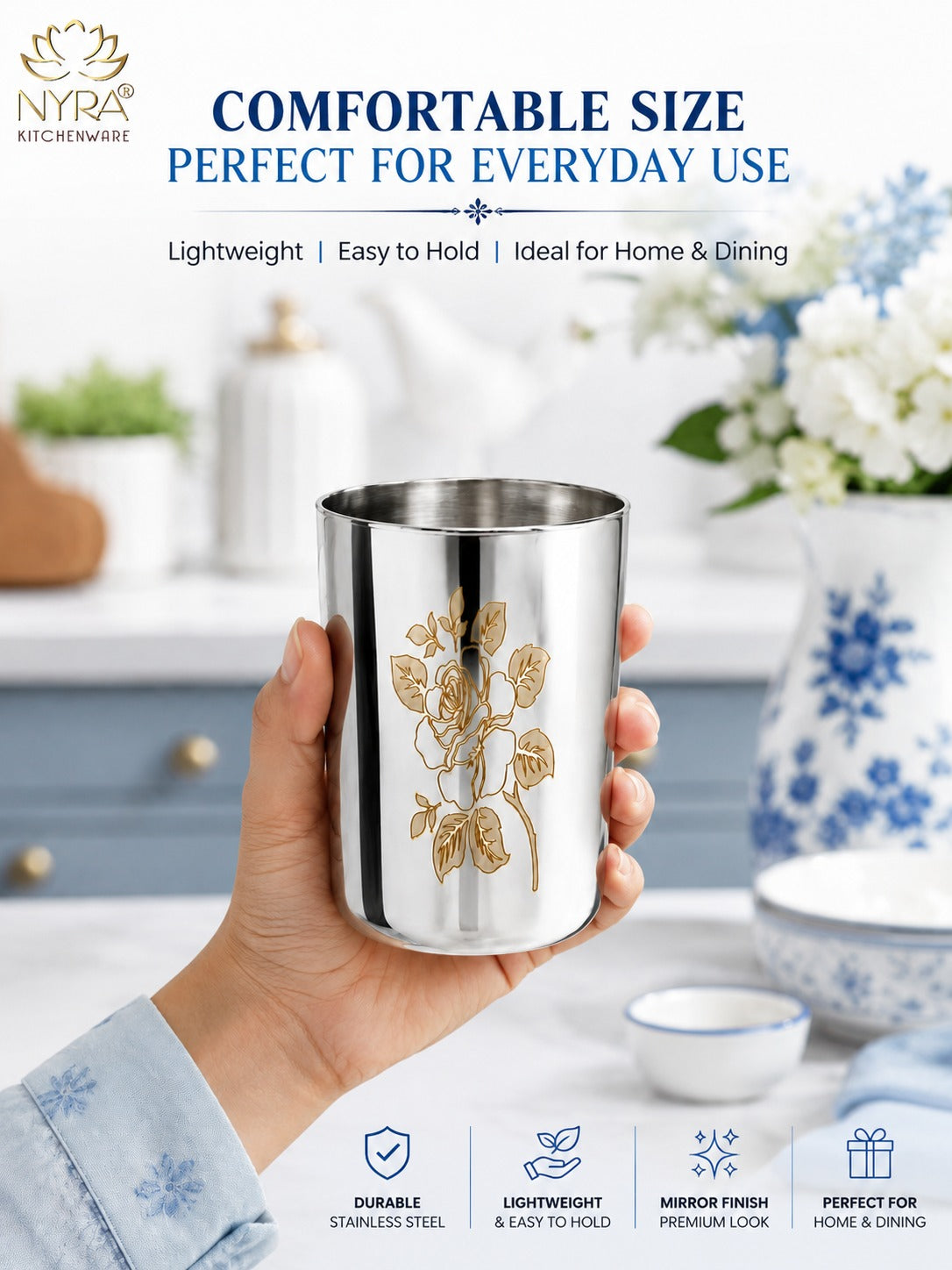 Stainless Steel Tumbler/Glass Set – with Floral Laser Design - 400ML