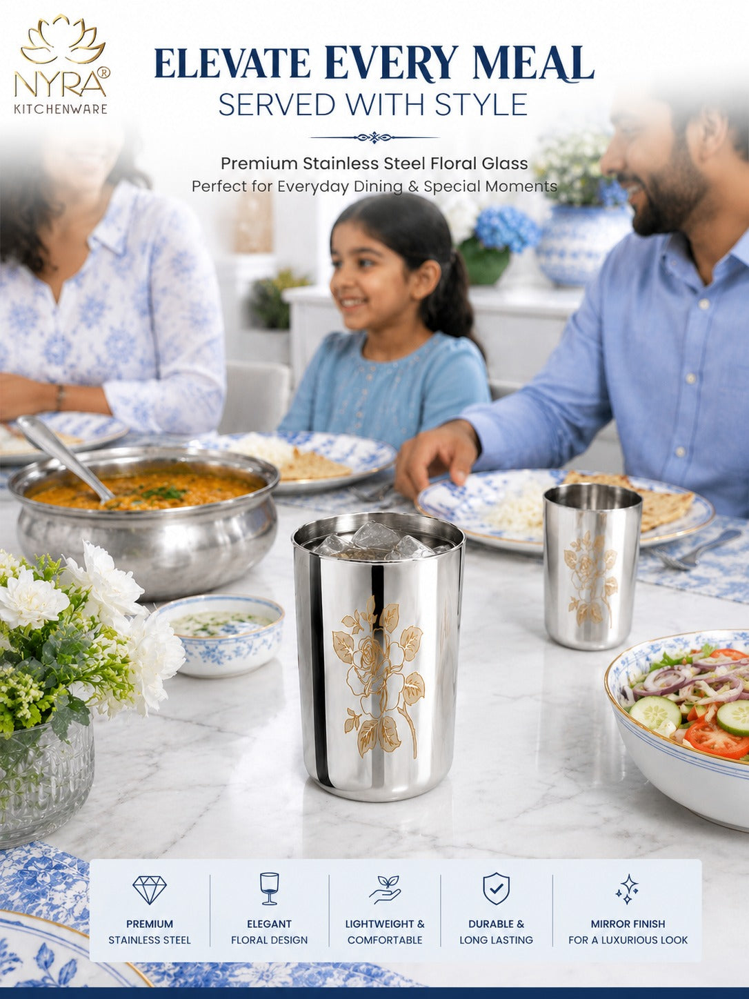 Stainless Steel Tumbler/Glass Set – with Floral Laser Design - 400ML