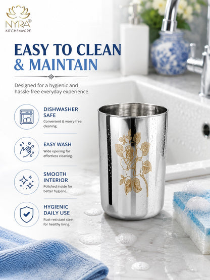 Stainless Steel Tumbler/Glass Set – with Floral Laser Design - 400ML