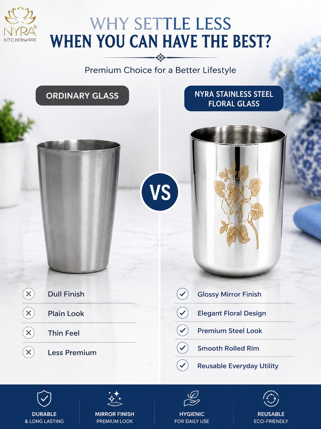 Stainless Steel Tumbler/Glass Set – with Floral Laser Design - 400ML