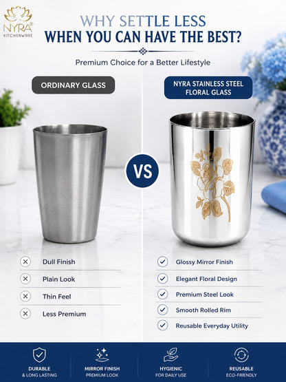 Stainless Steel Tumbler/Glass Set – with Floral Laser Design - 400ML