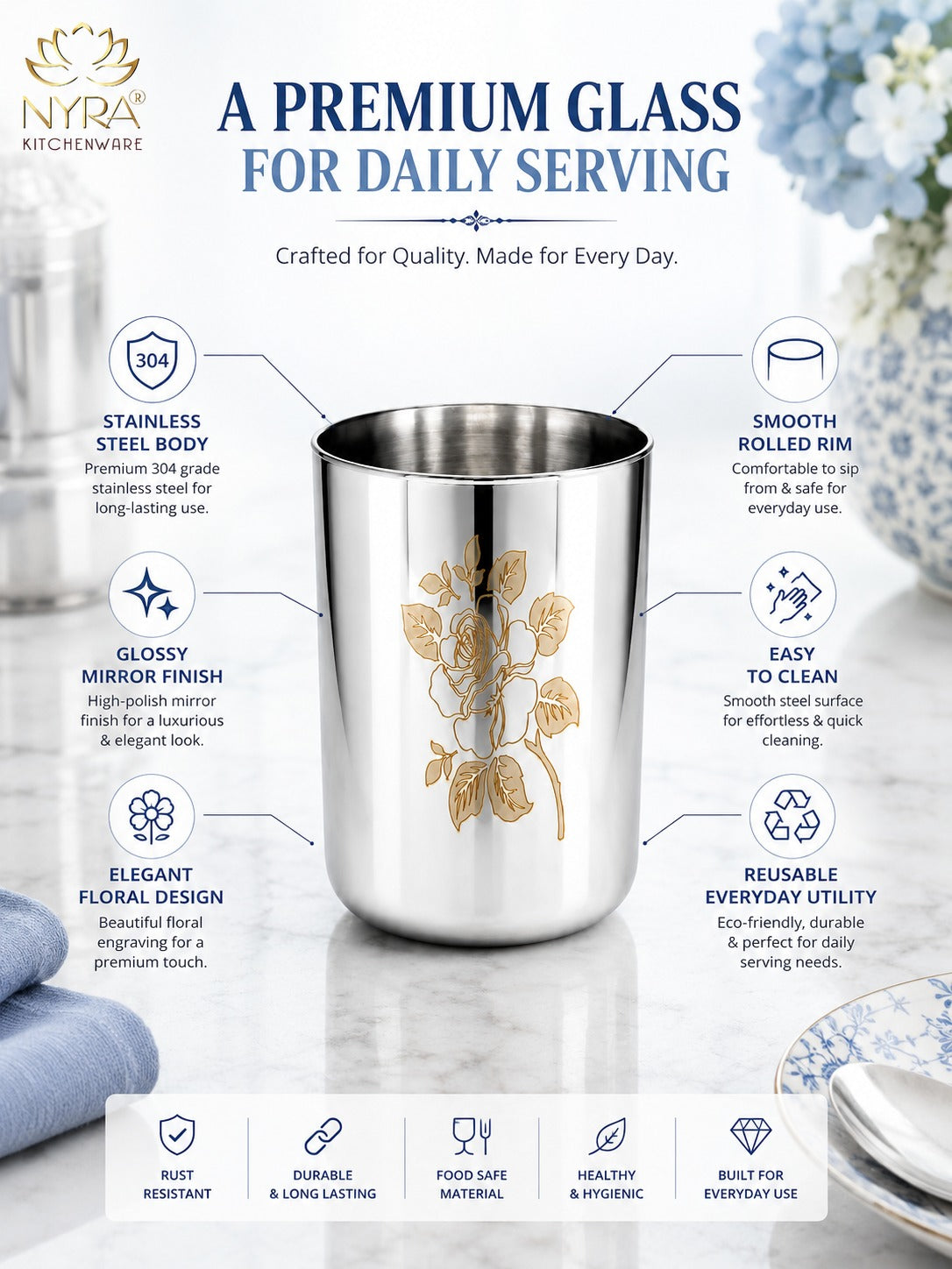 Stainless Steel Tumbler/Glass Set – with Floral Laser Design - 400ML