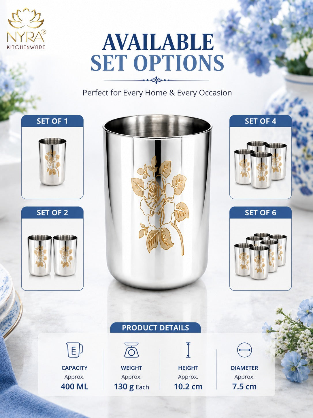 Stainless Steel Tumbler/Glass Set – with Floral Laser Design - 400ML