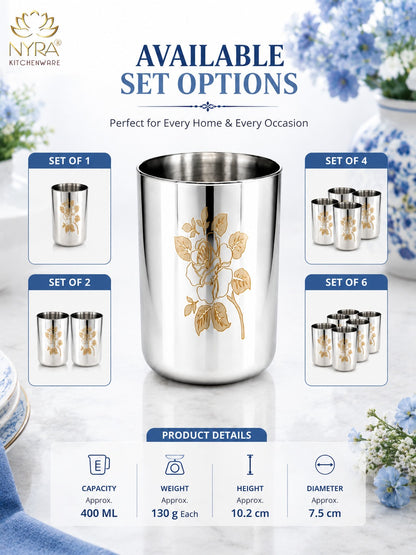 Stainless Steel Tumbler/Glass Set – with Floral Laser Design - 400ML