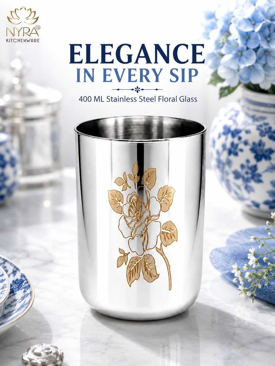 Stainless Steel Tumbler/Glass Set – with Floral Laser Design - 400ML