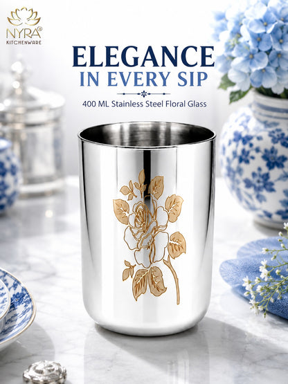 Stainless Steel Tumbler/Glass Set – with Floral Laser Design - 400ML