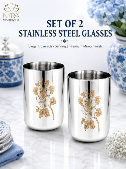 Stainless Steel Tumbler/Glass Set – with Floral Laser Design - 400ML