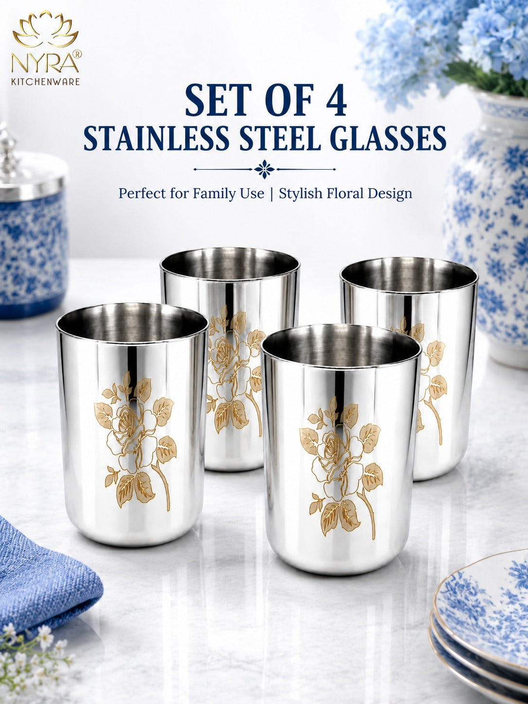 Stainless Steel Tumbler/Glass Set – with Floral Laser Design - 400ML