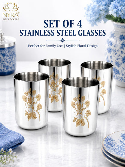 Stainless Steel Tumbler/Glass Set – with Floral Laser Design - 400ML