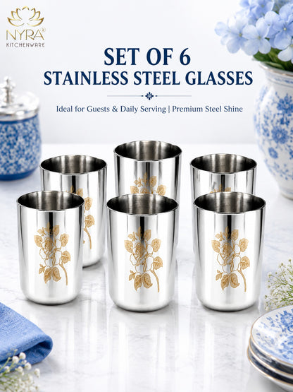 Stainless Steel Tumbler/Glass Set – with Floral Laser Design - 400ML