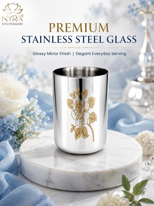 Stainless Steel Tumbler/Glass Set – with Floral Laser Design - 400ML