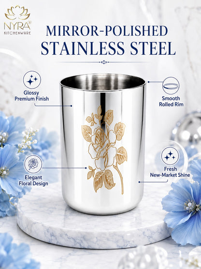 Stainless Steel Tumbler/Glass Set – with Floral Laser Design - 400ML
