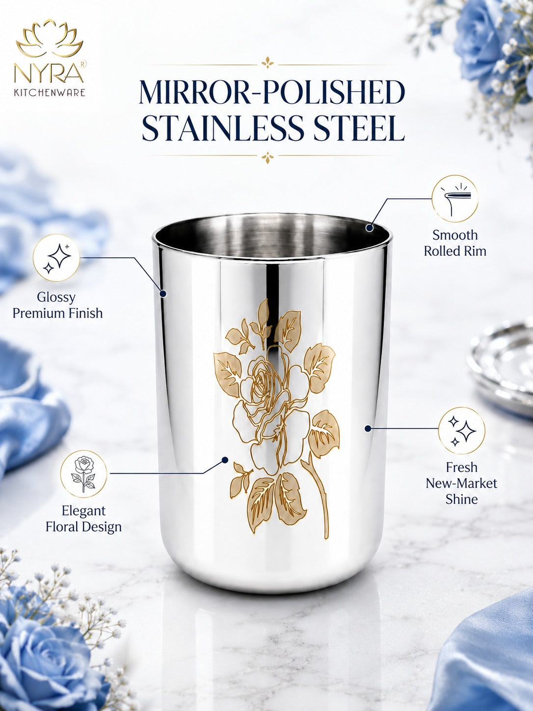 Stainless Steel Tumbler/Glass Set – with Floral Laser Design - 400ML