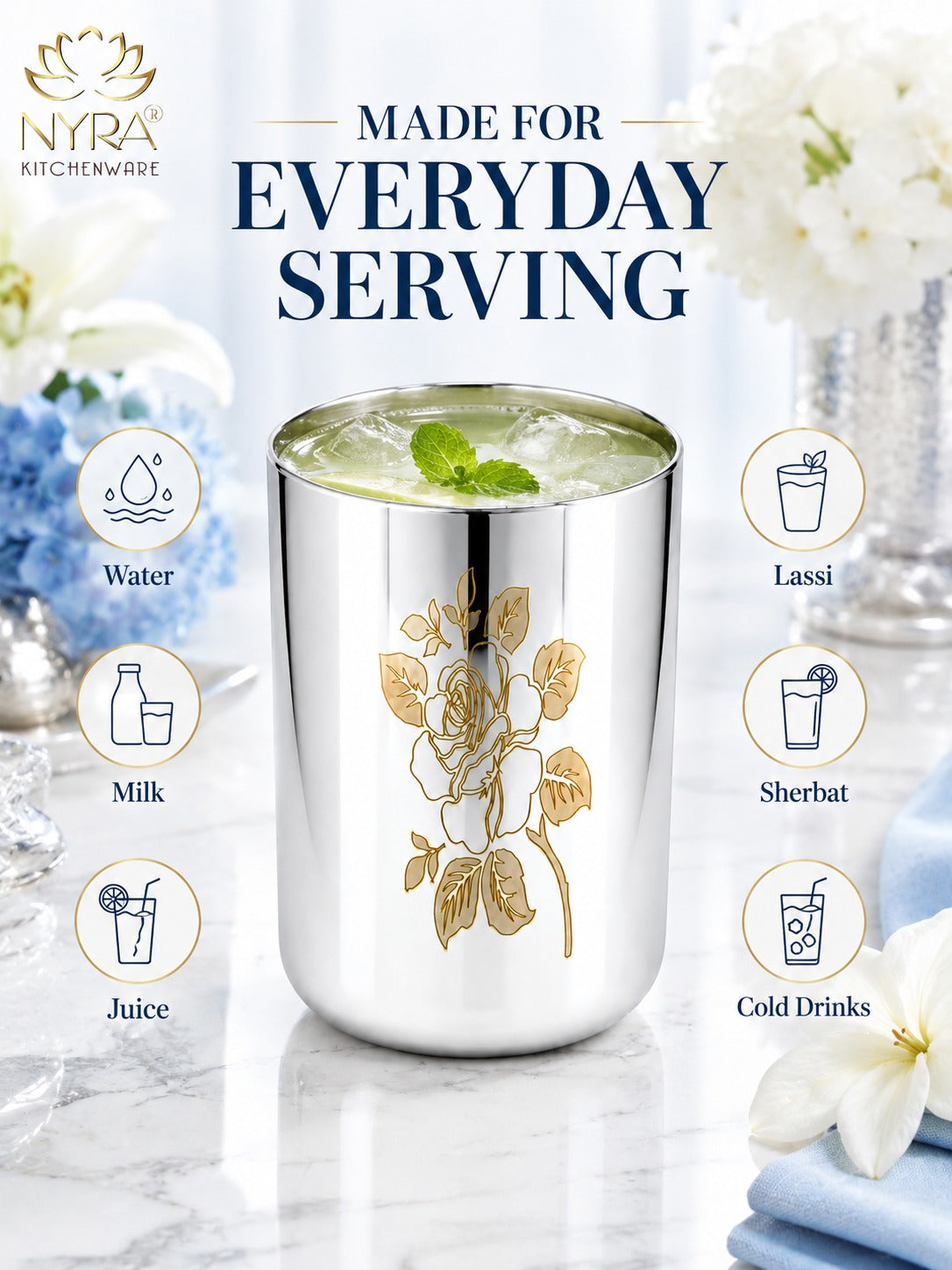 Stainless Steel Tumbler/Glass Set – with Floral Laser Design - 400ML