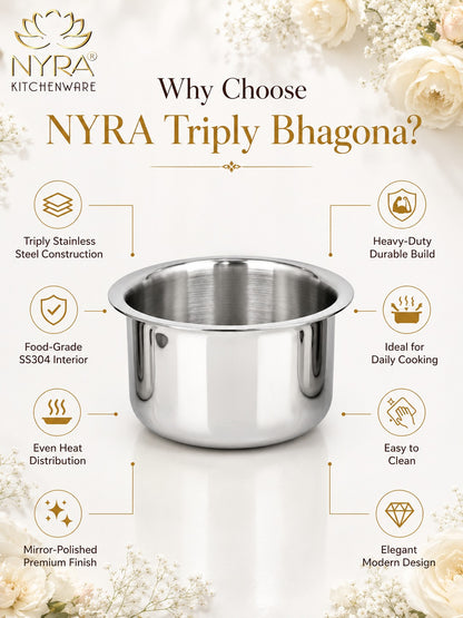 Triply Stainless Steel Bhagona | Heavy Gauge Food Grade Tri-Ply Cooking Pot | Induction & Gas Stove Compatible - Available in 4 Sizes