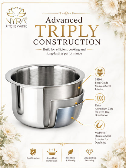Triply Stainless Steel Bhagona | Heavy Gauge Food Grade Tri-Ply Cooking Pot | Induction & Gas Stove Compatible - Available in 4 Sizes