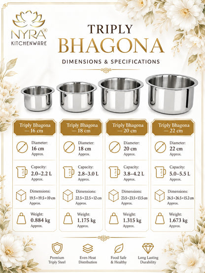 Triply Stainless Steel Bhagona | Heavy Gauge Food Grade Tri-Ply Cooking Pot | Induction & Gas Stove Compatible - Available in 4 Sizes