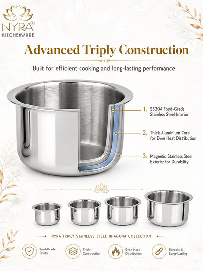 Triply Stainless Steel Bhagona | Heavy Gauge Food Grade Tri-Ply Cooking Pot | Induction & Gas Stove Compatible - Available in 4 Sizes