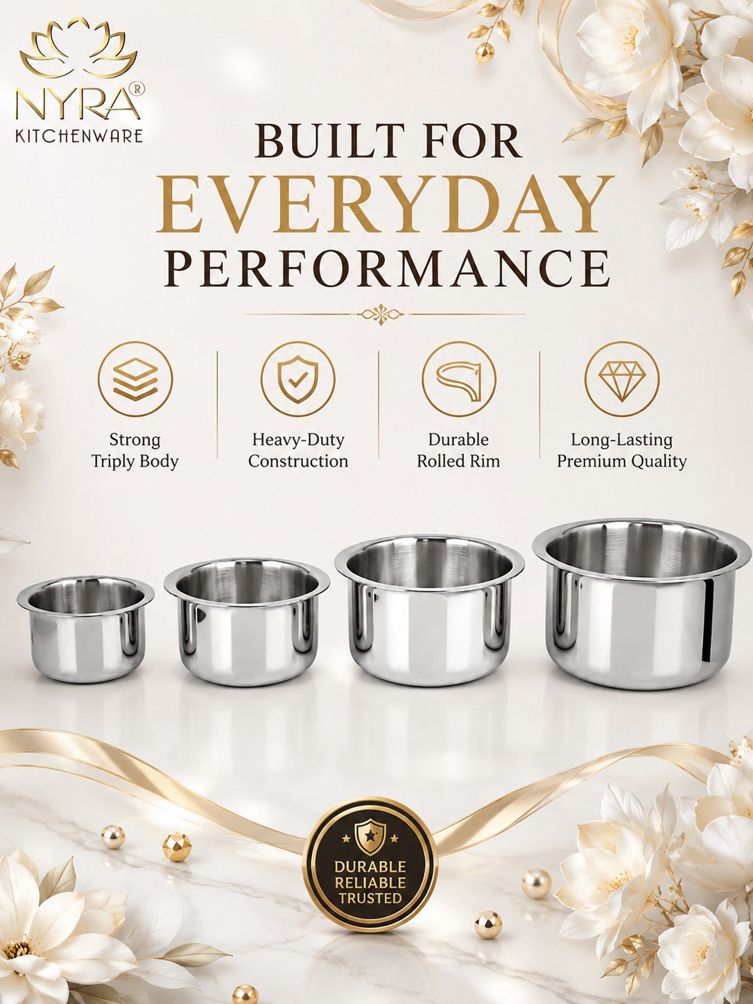 Triply Stainless Steel Bhagona | Heavy Gauge Food Grade Tri-Ply Cooking Pot | Induction & Gas Stove Compatible - Available in 4 Sizes
