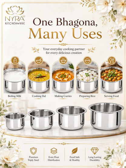 Triply Stainless Steel Bhagona | Heavy Gauge Food Grade Tri-Ply Cooking Pot | Induction & Gas Stove Compatible - Available in 4 Sizes