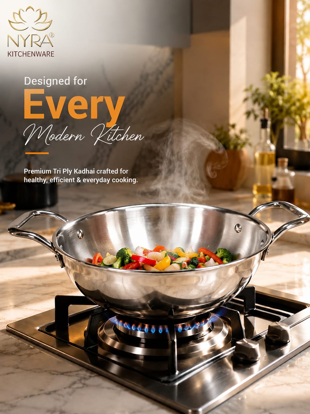 Triply Stainless Steel Kadhai | Food Grade Heavy Bottom Cookware - Even Heating | Induction &a Gas Stove Compatible