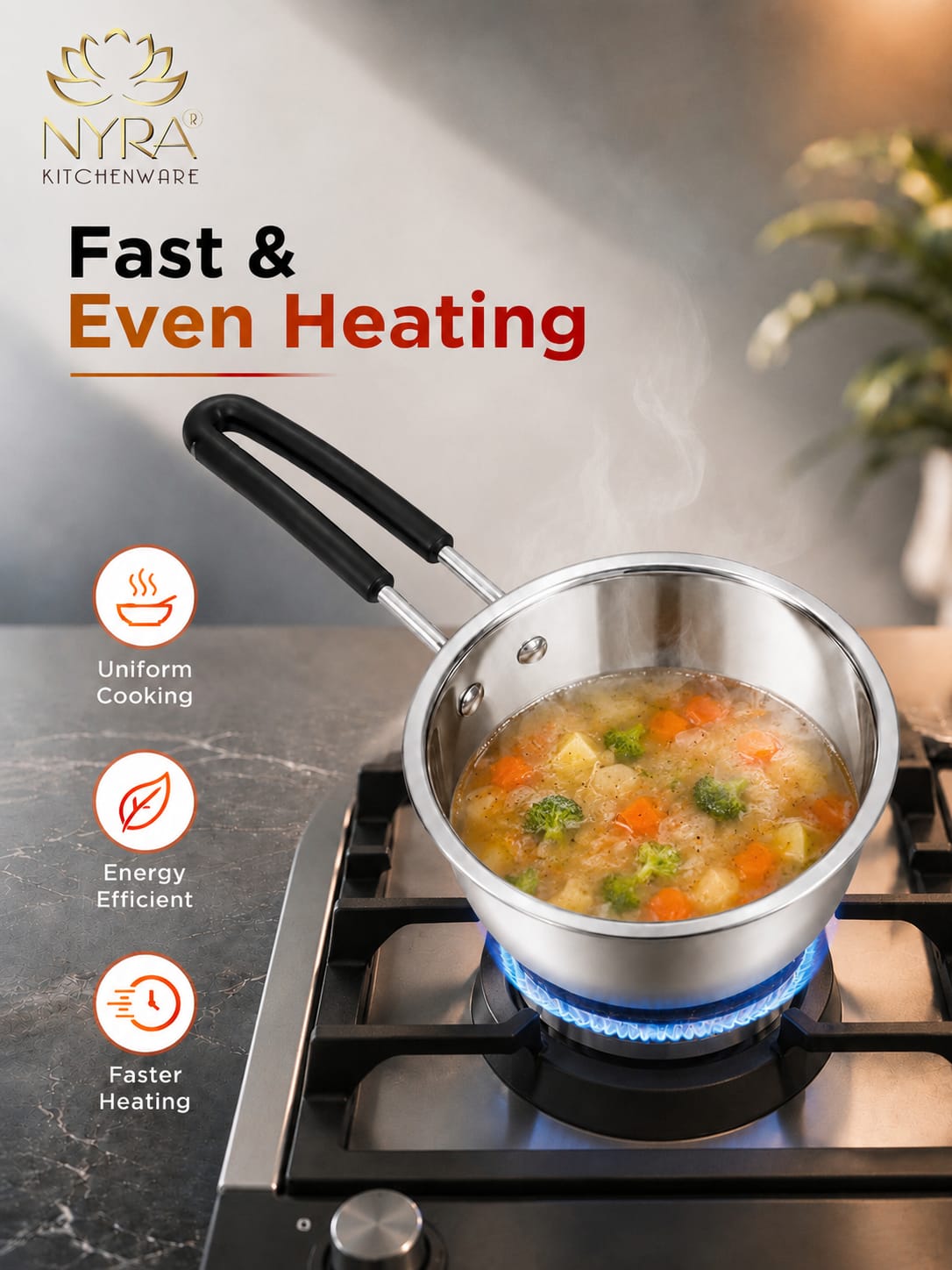Stainless Steel Triply Saucepan with PVC Handle | Heavy Gauge Food Grade Cookware | Available in 3 Sizes.