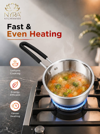 Stainless Steel Triply Saucepan with PVC Handle | Heavy Gauge Food Grade Cookware | Available in 3 Sizes.