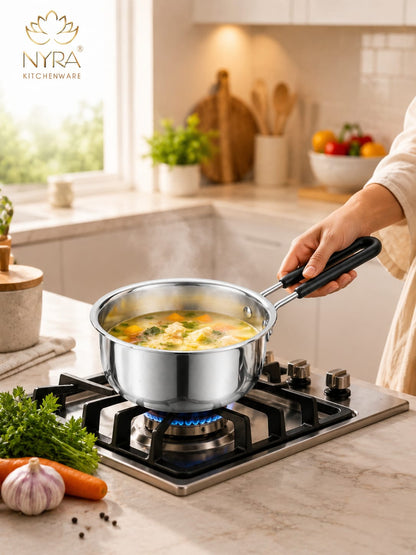Stainless Steel Triply Saucepan with PVC Handle | Heavy Gauge Food Grade Cookware | Available in 3 Sizes.