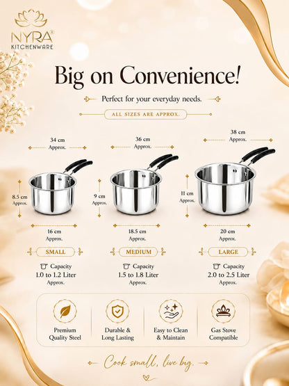 Stainless Steel Triply Saucepan with PVC Handle | Heavy Gauge Food Grade Cookware | Available in 3 Sizes.