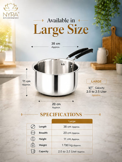 Stainless Steel Triply Saucepan with PVC Handle | Heavy Gauge Food Grade Cookware | Available in 3 Sizes.