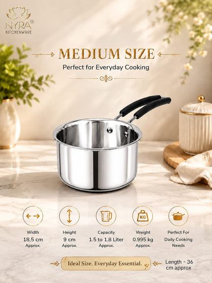 Stainless Steel Triply Saucepan with PVC Handle | Heavy Gauge Food Grade Cookware | Available in 3 Sizes.