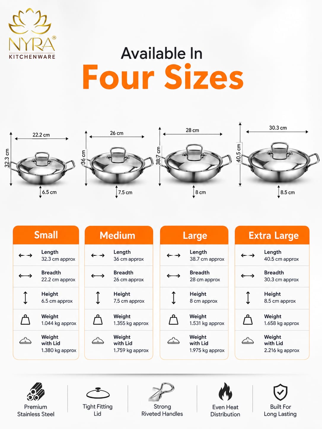 Triply Stainless Steel Kadhai with Lid | Food Grade Heavy Bottom Cookware | Even Heating, thick base - Induction & Gas Stove Compatible