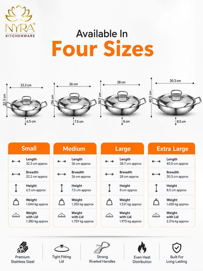 Triply Stainless Steel Kadhai with Lid | Food Grade Heavy Bottom Cookware | Even Heating, thick base - Induction & Gas Stove Compatible