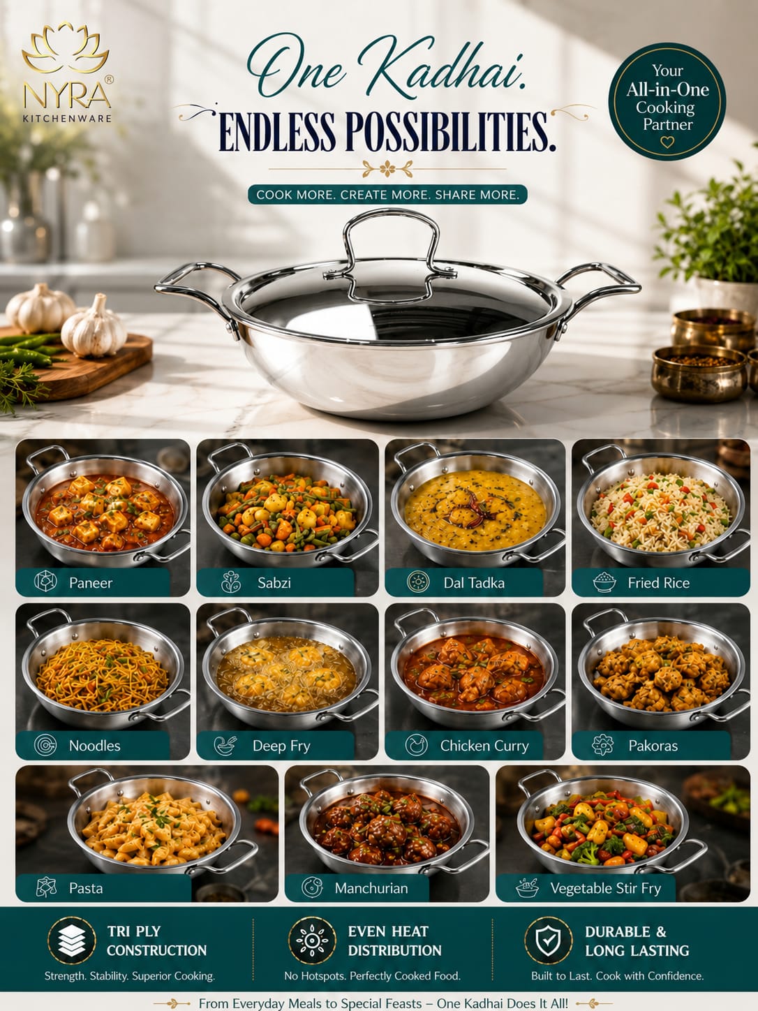 Triply Stainless Steel Kadhai with Lid | Food Grade Heavy Bottom Cookware | Even Heating, thick base - Induction & Gas Stove Compatible
