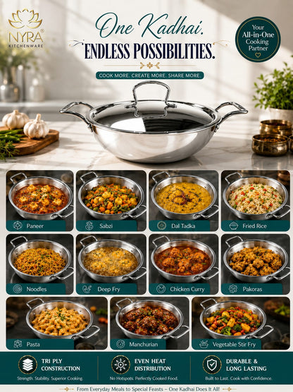 Triply Stainless Steel Kadhai with Lid | Food Grade Heavy Bottom Cookware | Even Heating, thick base - Induction & Gas Stove Compatible