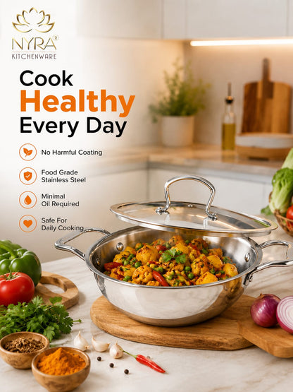 Triply Stainless Steel Kadhai with Lid | Food Grade Heavy Bottom Cookware | Even Heating, thick base - Induction & Gas Stove Compatible